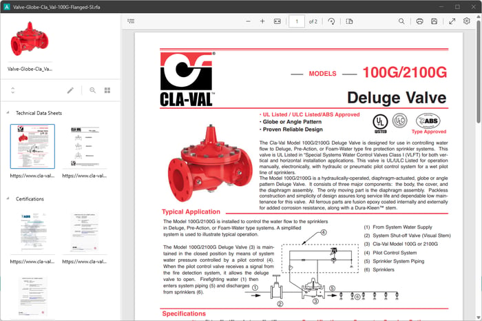 Data sheets, UL certifications, and technical, installation, operation, and maintenance manuals are connected to a Cla-Val Company Revit Family in AVAIL Select’s MEP Channel.