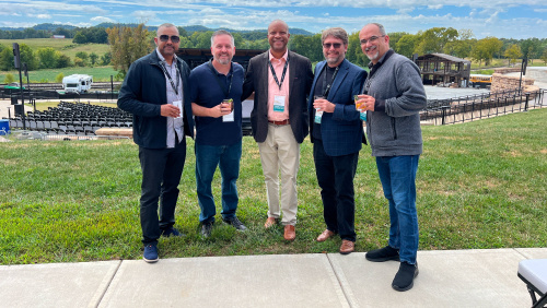 Mike Edwards, Ken Flannigan, Errol Maynard, Randall Stevens, and Paul Aubin enjoy the view at Log Still Distillery after day two.